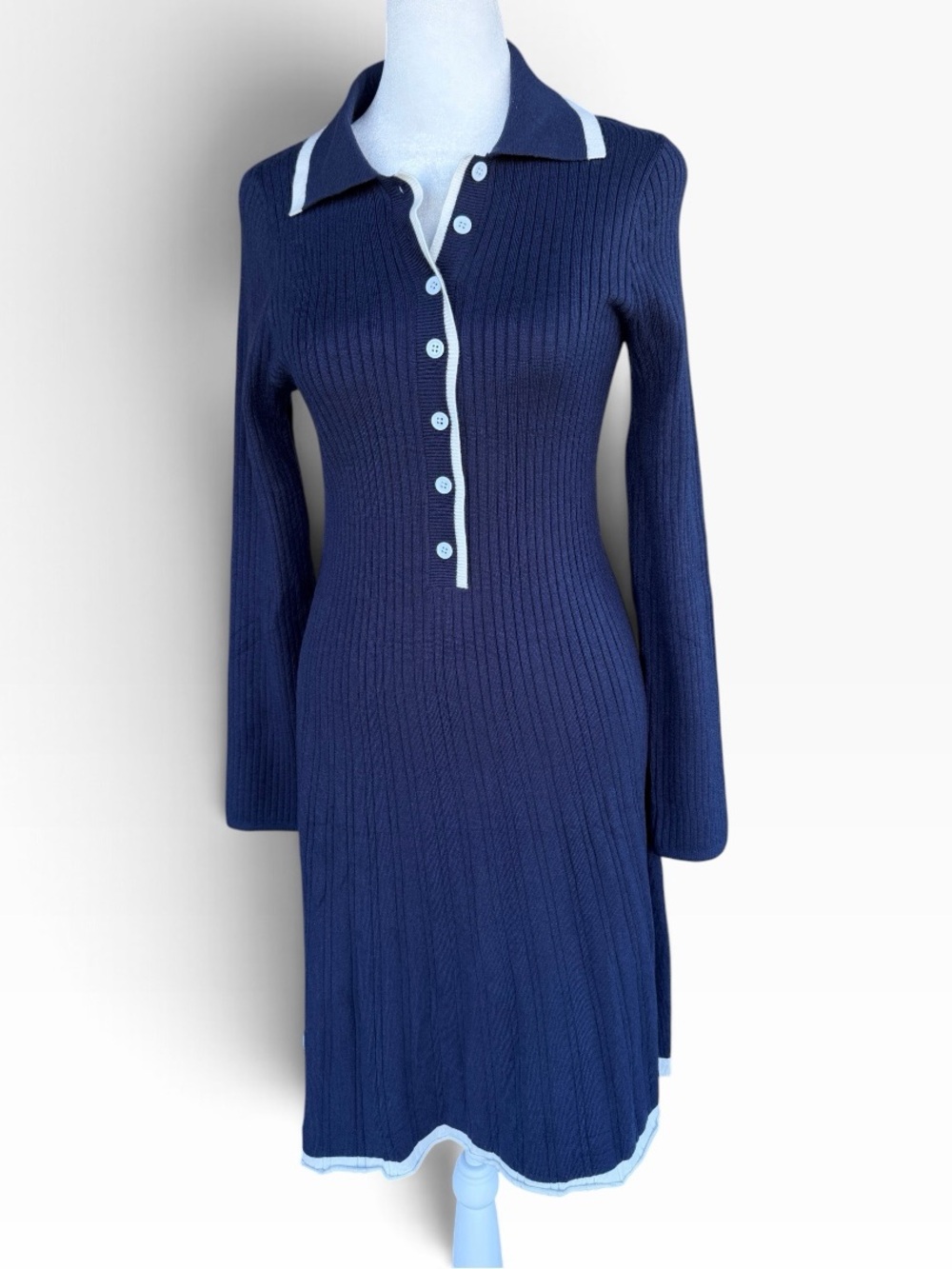 Merokeety Navy Long-Sleeve Ribbed A-line Dress with Contrast Trim Sz M